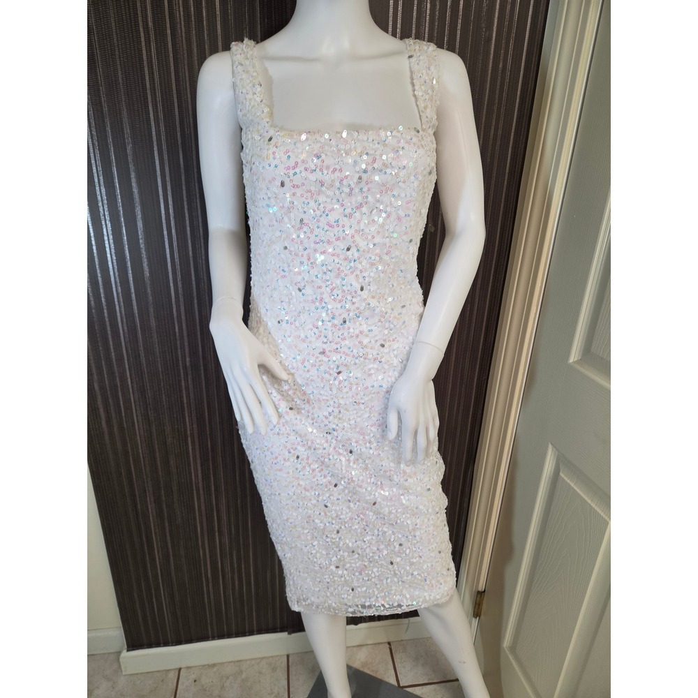 Goddiva London White Sequin Midi Dress Square Neck Sleeveless Sheath Size 10UK